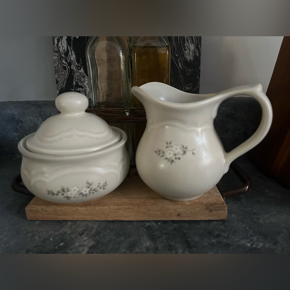 Vintage Pfaltzgraff Cream White Floral Ceramic Creamer and Sugar Set